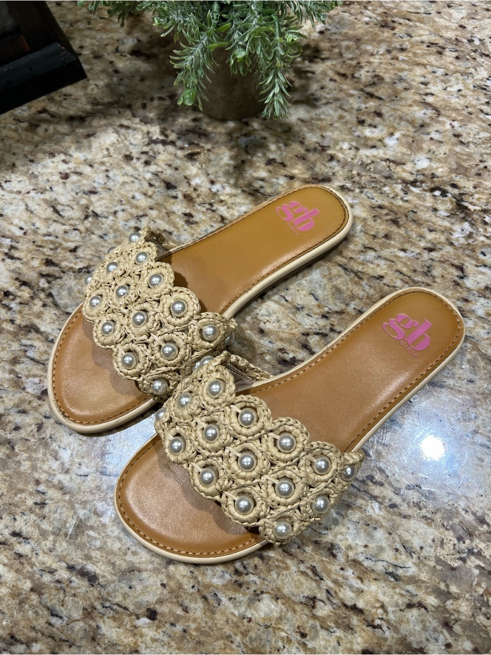 GB Woven Pearl Slide Sandals in Tan - Gianni Bini 4BigGirl